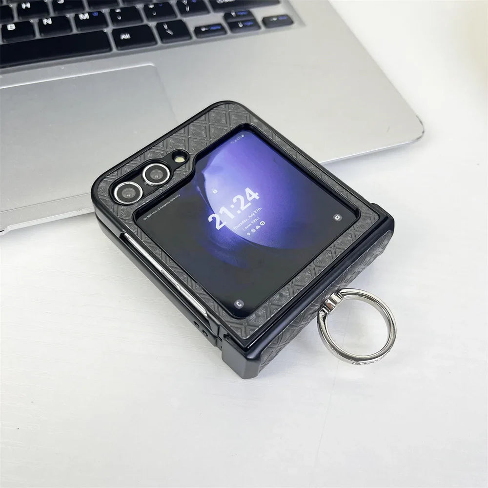 Diamond Grid Leder Samsung Z Flip Ring Halter Case