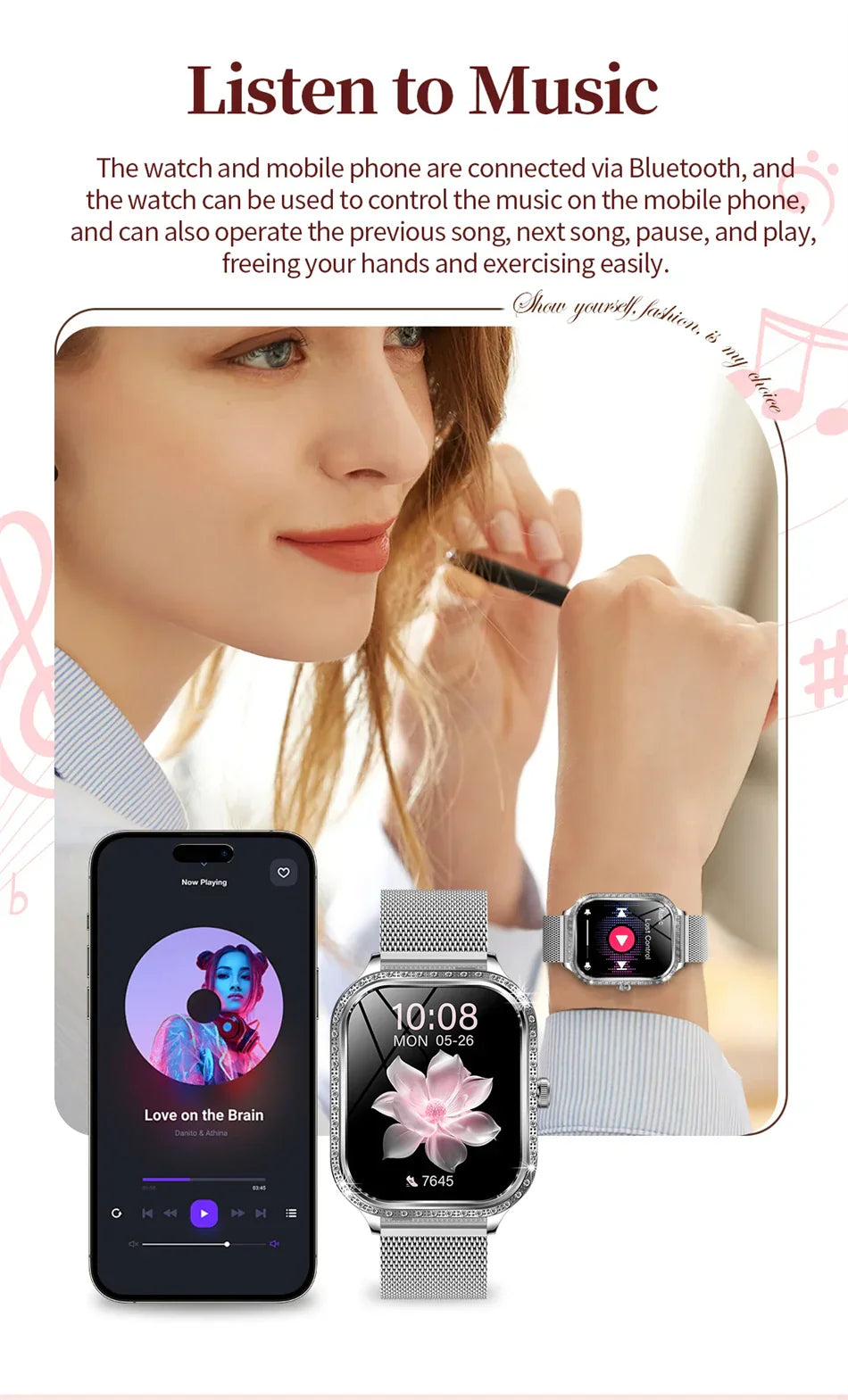 Stylische wasserdichte Smartwatch für Frauen mit Fitness-Tracking & Bluetooth-Anruffunktion