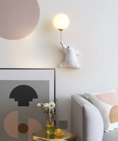 Moderne LED Cartoon Wandlampe – Minimalistische Bären-Wandleuchte mit 3D-Mond