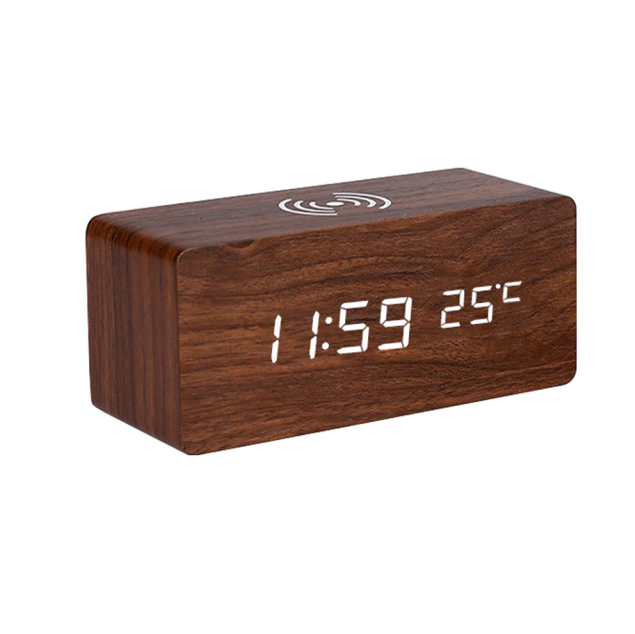 Moderne Holz-Wecker Digitaler LED Ladepad Wecker Drahtloses Ladegerät Thermometer