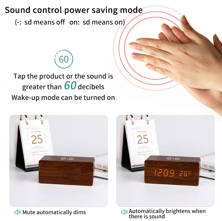 Moderne Holz-Wecker Digitaler LED Ladepad Wecker Drahtloses Ladegerät Thermometer