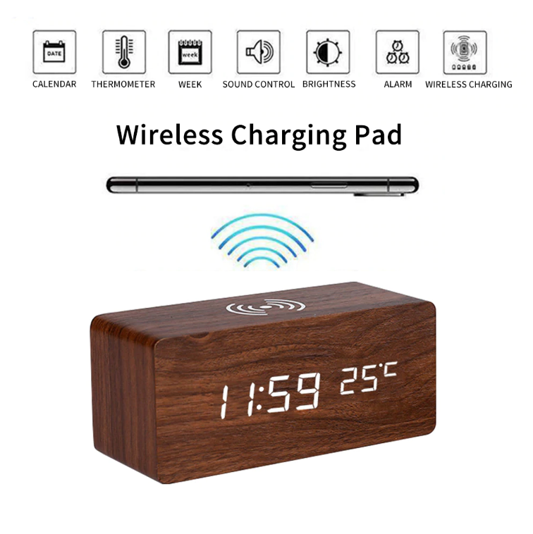 Moderne Holz-Wecker Digitaler LED Ladepad Wecker Drahtloses Ladegerät Thermometer