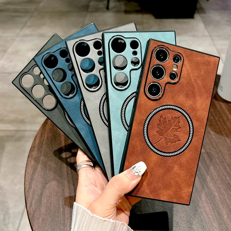 Leder Samsung Galaxy Magnetische Drahtlose Ladehülle