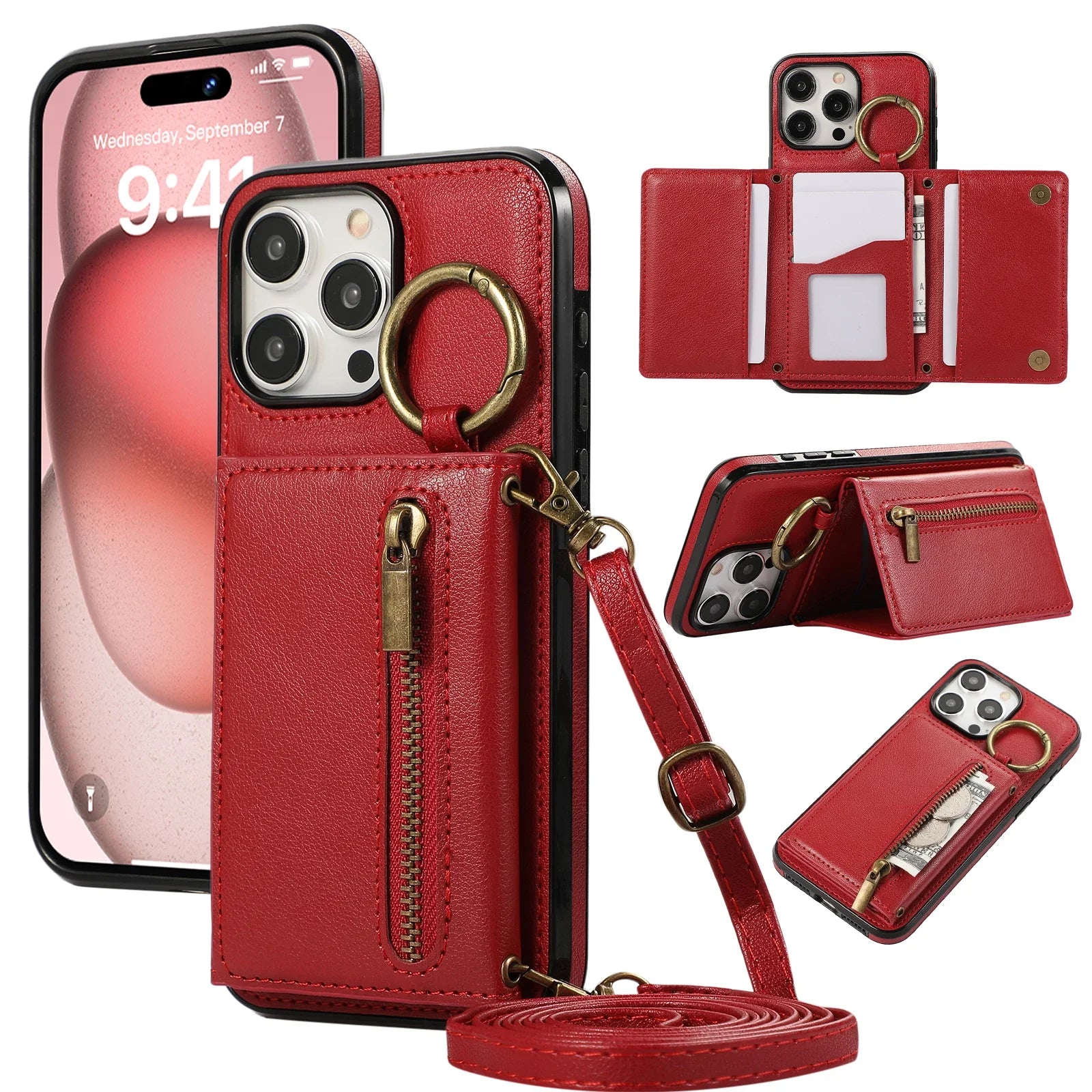 Bestseller, Dreifach Geldbörse Leder Reißverschlusstasche Umhängetasche Kartensteckplatz Ringhalter Tasche für iPhone 15 14 13 12 Pro Max Plus