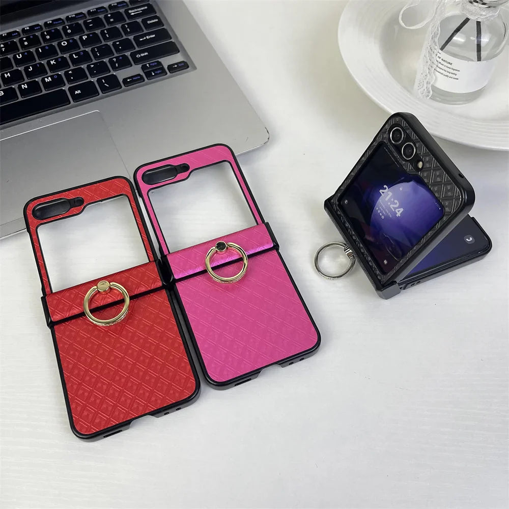 Diamond Grid Leder Samsung Z Flip Ring Halter Case