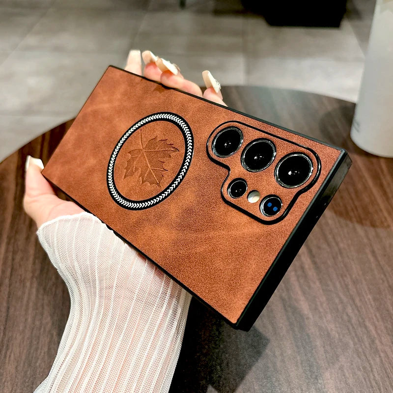 Leder Samsung Galaxy Magnetische Drahtlose Ladehülle