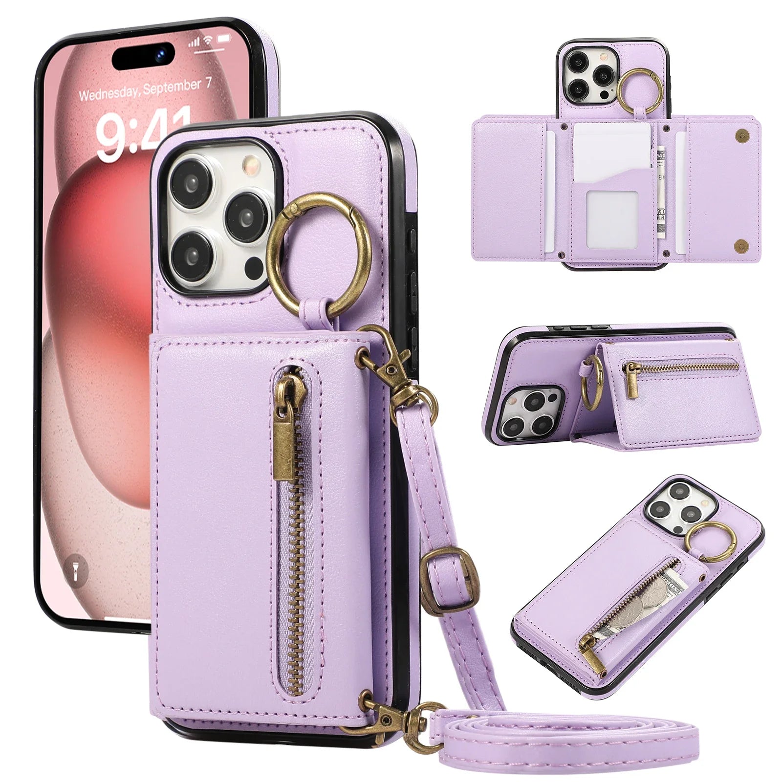 Bestseller, Dreifach Geldbörse Leder Reißverschlusstasche Umhängetasche Kartensteckplatz Ringhalter Tasche für iPhone 15 14 13 12 Pro Max Plus