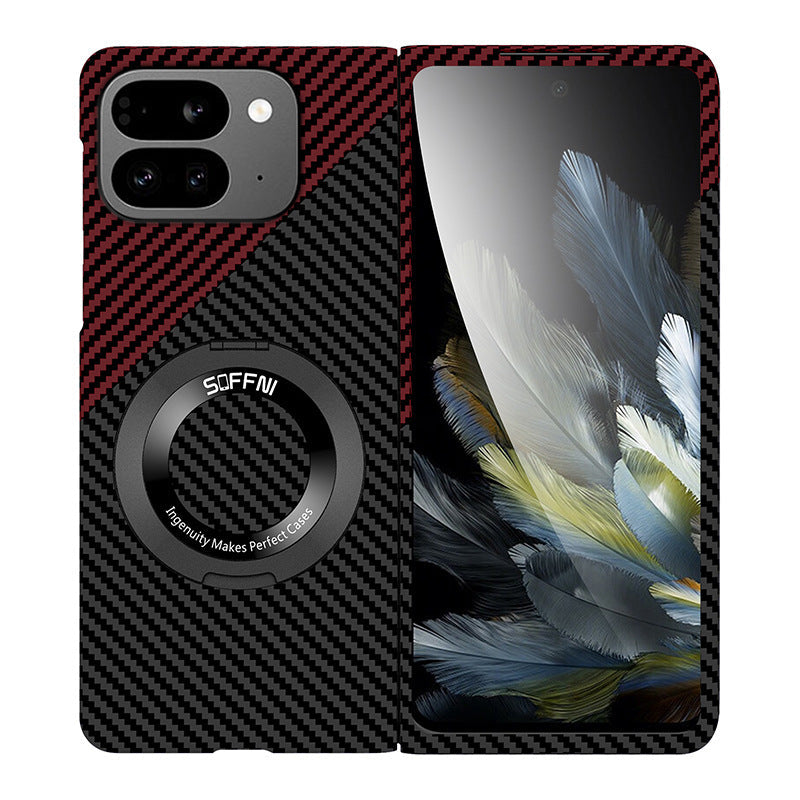 Ultradünne Kohlenstoff-aramidfaser-texturierte magnetische Hülle mit Ringhalterung für Google Pixel 9 Pro Fold