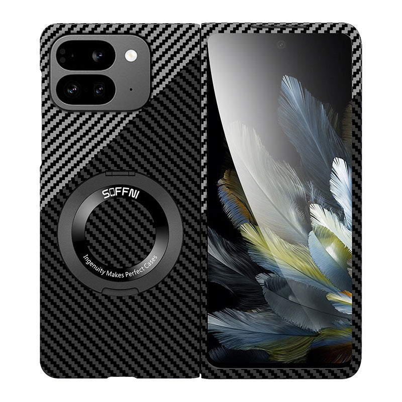 Ultradünne Kohlenstoff-aramidfaser-texturierte magnetische Hülle mit Ringhalterung für Google Pixel 9 Pro Fold
