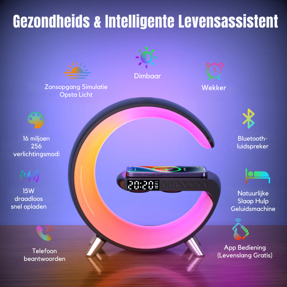 4-in-1 Smart Alarm Clock | Stimmungslicht | Bluetooth-Lautsprecher | Drahtloses Ladegerät