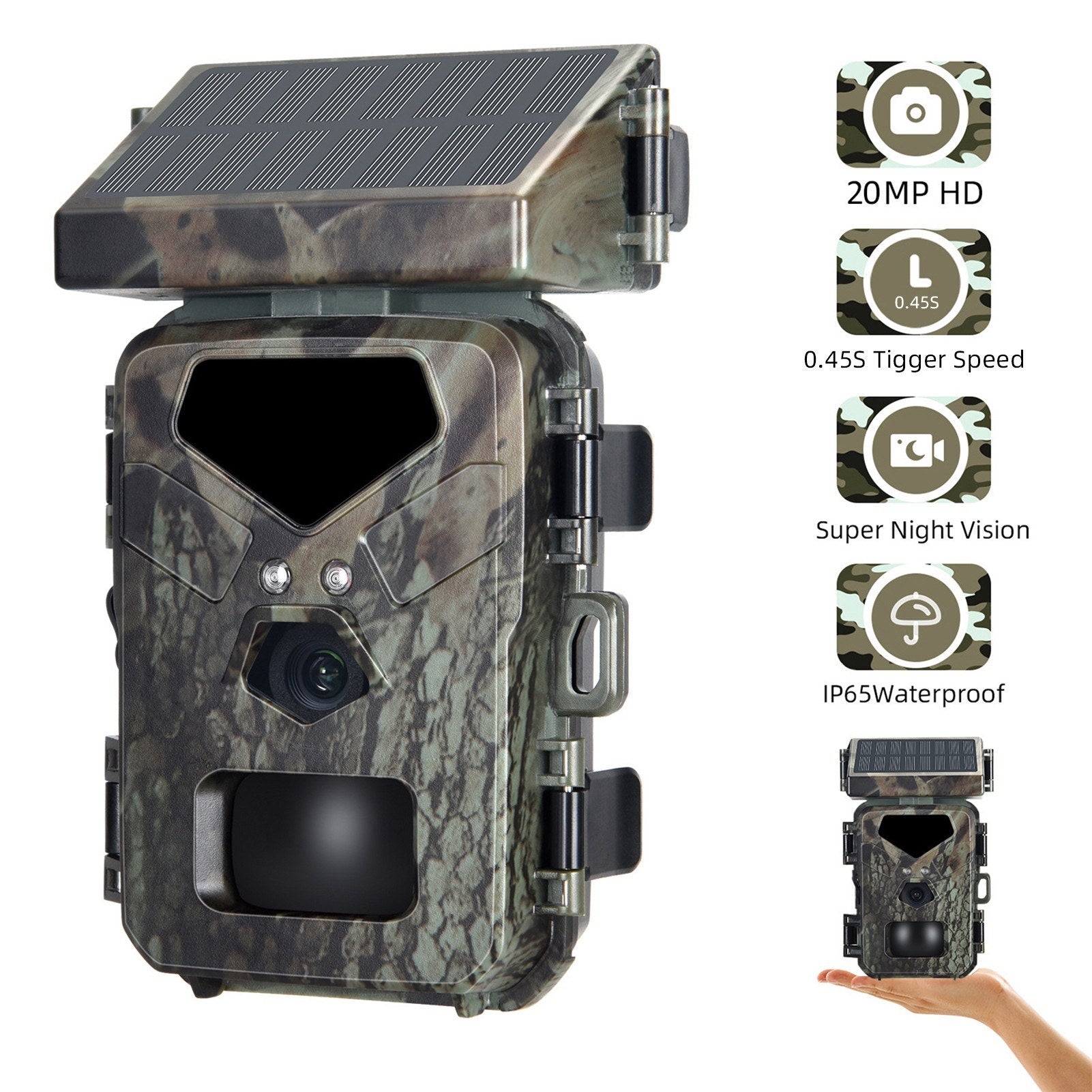20MP Solarbetriebene Jagdkamera, 1080P IP65, 0,45s Auslöser, Infrarot Nachtsicht, bewegungsgesteuert, 60° Erkennung, 32GB Karte