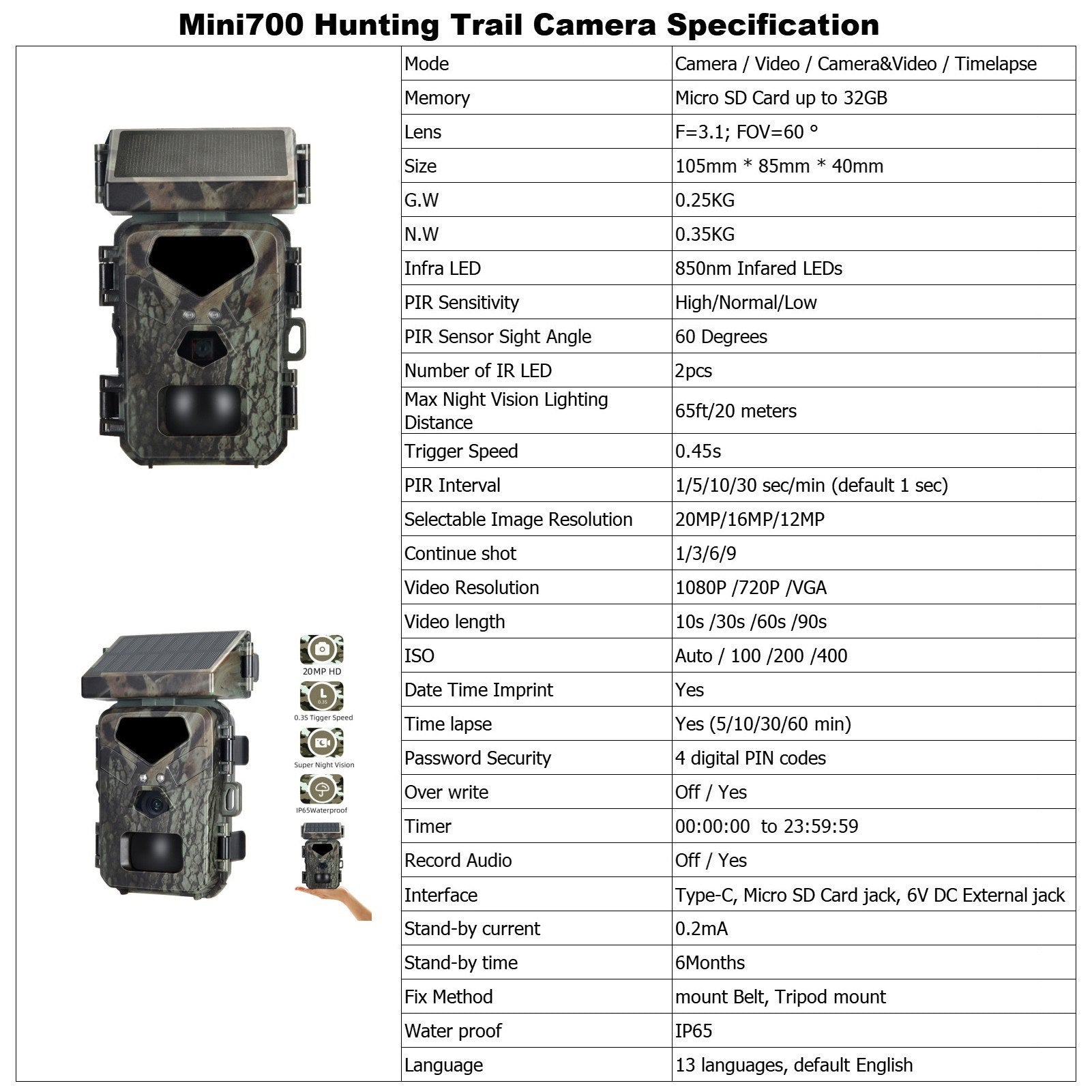 20MP Solarbetriebene Jagdkamera, 1080P IP65, 0,45s Auslöser, Infrarot Nachtsicht, bewegungsgesteuert, 60° Erkennung, 32GB Karte