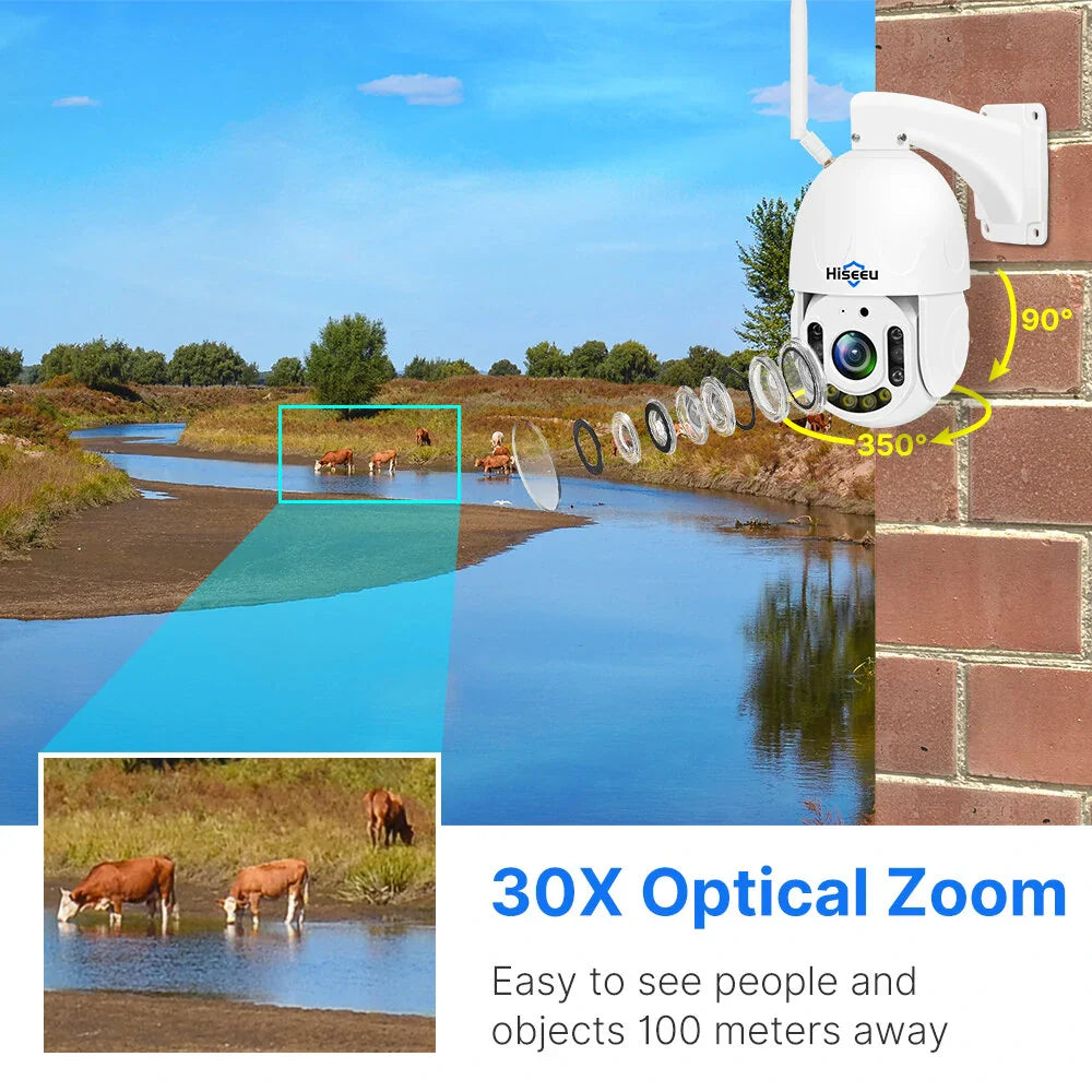 Hiseeu 5MP WiFi PTZ Kamera, 30X Zoom, Farb-Nachtsicht, 2-Wege Audio, IP66 Wasserdicht, Gesichts- & Humanoiderkennung, 2D/3D Rauschunterdrückung, ONVIF 2.0, H.265 Außen-Sicherheit