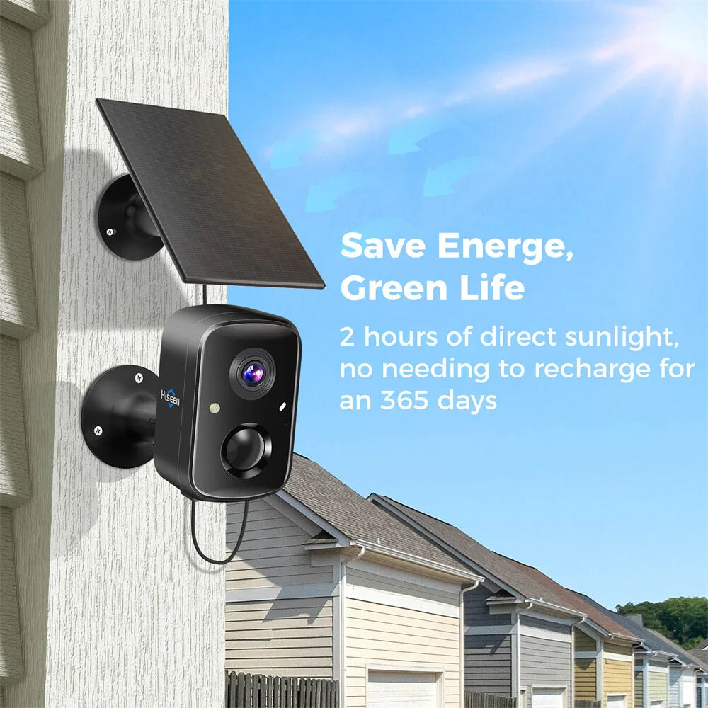 Hiseeu C90B 4MP Solarbetriebene WiFi IP Kamera - Vollfarb-Nachtsicht, IP65 wasserdicht, KI-Bewegungserkennung, Gegensprechfunktion, 100% kabellos, Eseecloud App Smart Home Überwachung