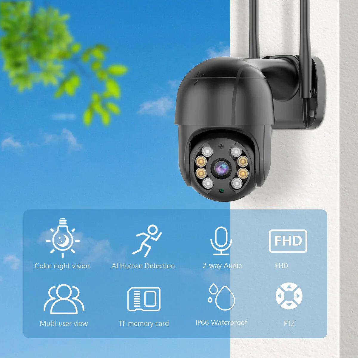 1080P WiFi PTZ Sicherheitskamera: Nachtsicht, Zwei-Wege-Intercom, Fernüberwachung, KI-Alarm, IP66 wasserdicht