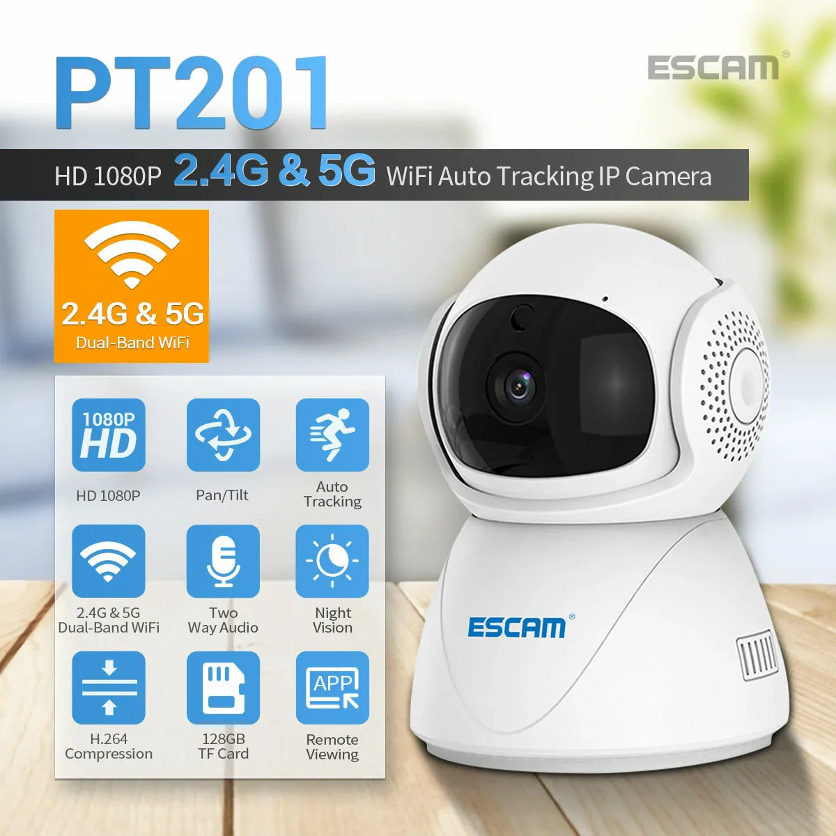 ESCAM PT201 1080P Dual-Band WiFi IP-Kamera mit automatischer Verfolgung, Cloud-Speicher, Zwei-Wege-Audio und intelligentem Nachtsichtmodus