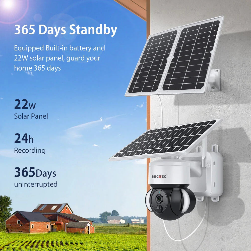 SECTEC Outdoor Solar WLAN Sicherheitskamera, Full-Day-Aufzeichnung, Farb-Nachtsicht, PIR-Bewegungserkennung, batteriebetrieben, IP66 wasserdicht