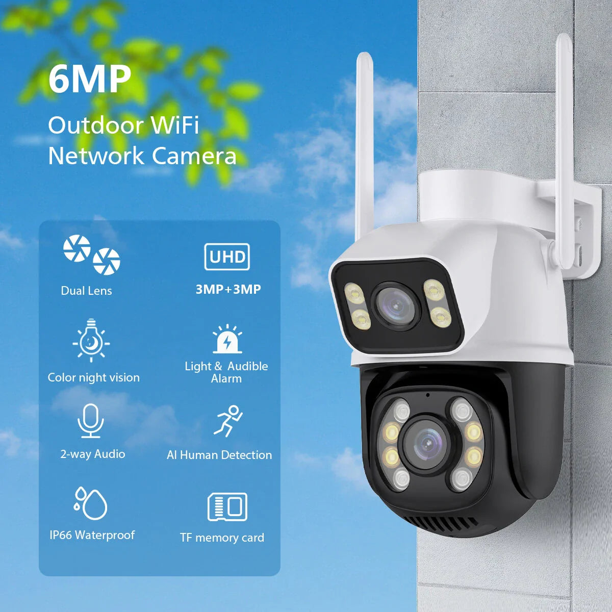6MP Dual Lens 4K WiFi IP-Kamera, Menschenerkennung, Auto-Tracking, Outdoor-Drahtlos-CCTV, Onvif-kompatibel