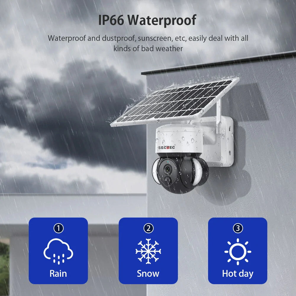 SECTEC 3MP HD 4G Solar Flutlichtkamera mit Bewegungsmelder, Farb-Nachtsicht, Gegensprechfunktion, IP66 wasserdicht für die Sicherheit im Freien