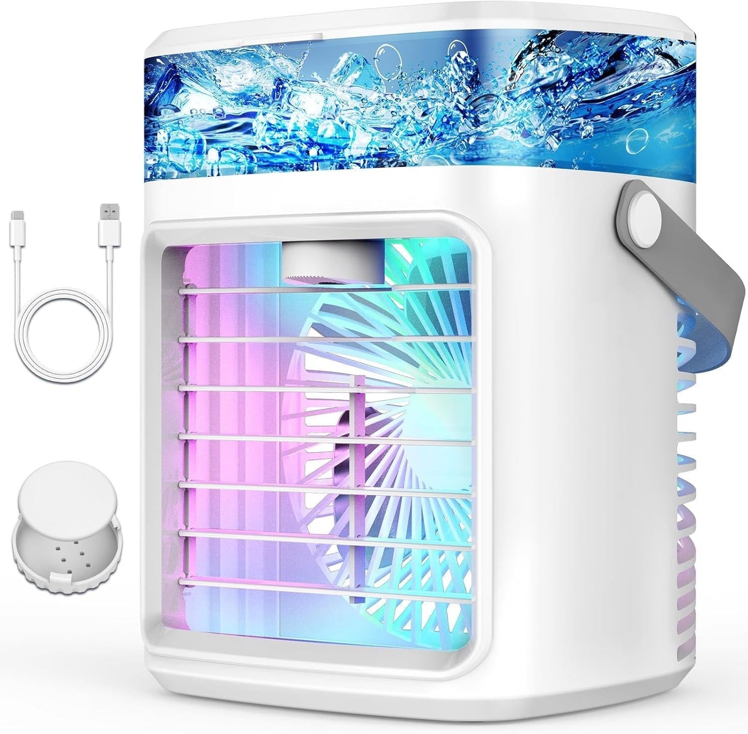 Tragbarer Luftkühler Ventilator 4-in-1 mit Befeuchtung, Aromatherapie & LED-Beleuchtung