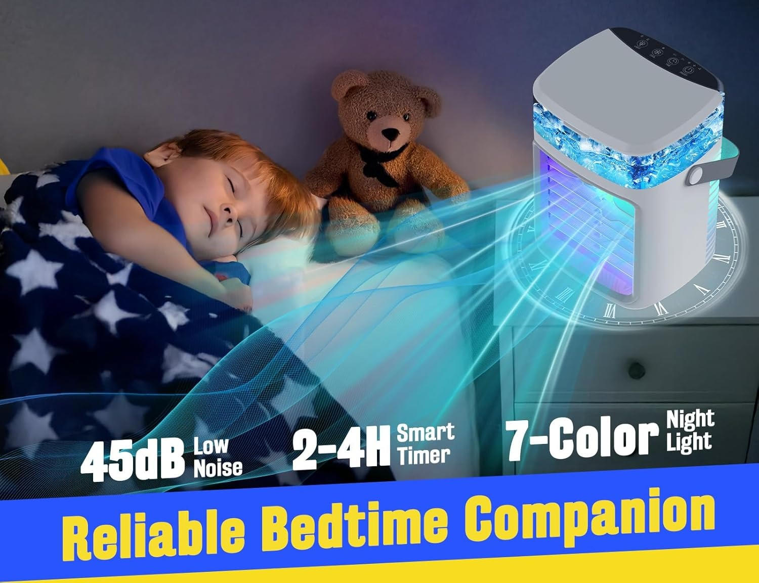 Tragbarer Luftkühler Ventilator 4-in-1 mit Befeuchtung, Aromatherapie & LED-Beleuchtung