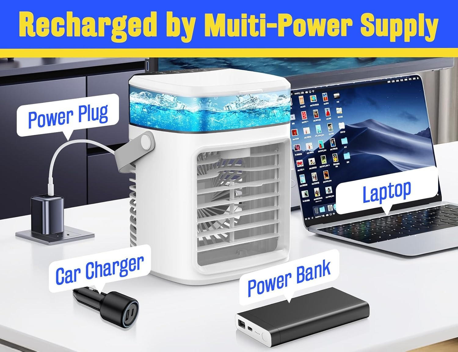 Tragbarer Luftkühler Ventilator 4-in-1 mit Befeuchtung, Aromatherapie & LED-Beleuchtung