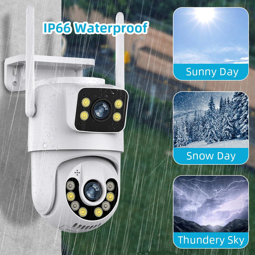 Dual-Lens 6MP WiFi IP Kamera mit Schwenk-Neigefunktion, Audio, Nachtsicht, Menschenerkennung, Cloud-Speicher, wasserdicht IP66, kompatibel mit icsee App