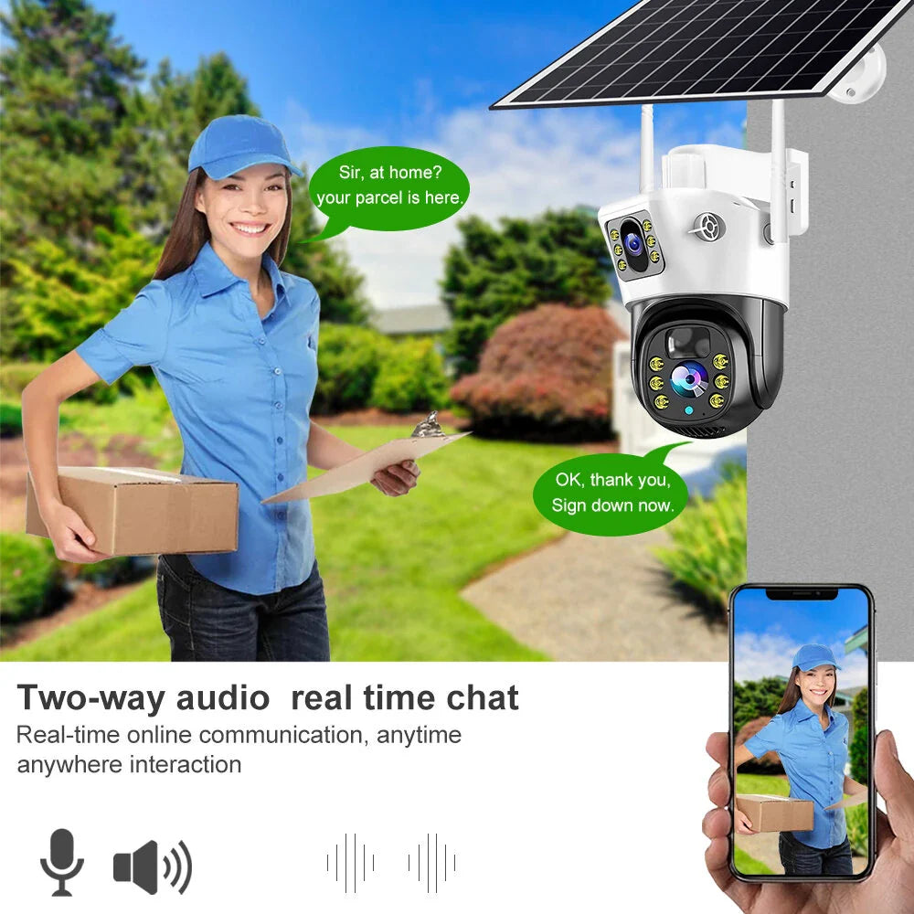 V380 Dual-Lens 4MP Solar Wireless-IP-Kamera Außen, 360° Ansicht, IP66 wasserdicht, Zwei-Wege-Audio, PIR-Bewegungserkennung, 400MP insgesamt, WiFi-Sicherheit
