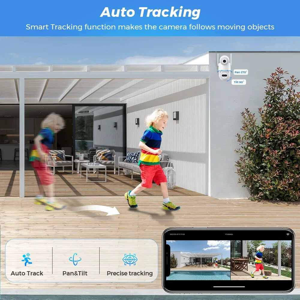 Guudgo 4K WiFi PTZ Outdoor Kamera, Dual-Screen, Menschenerkennung, Nachtsicht, Zwei-Wege-Audio, IP66 Wasserdicht, Bluetooth/ Kabelgebundene CCTV