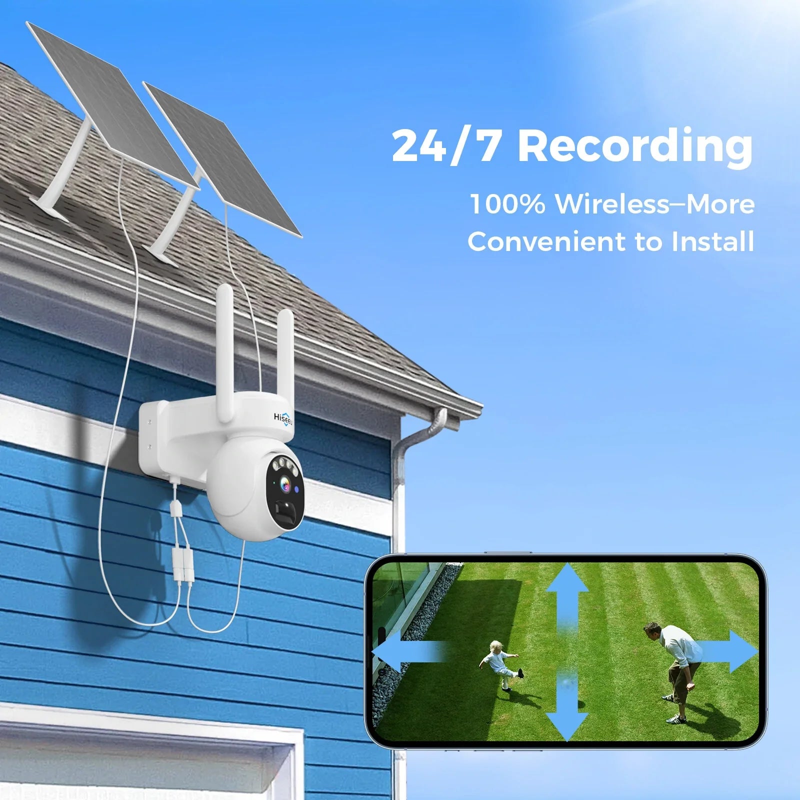 Hiseeu 4MP PTZ Solar-betriebene Wireless-Sicherheitskamera, Nachtsicht, PIR-Humanoiderkennung, IP66 wasserdicht, WiFi-Smart-Home-System