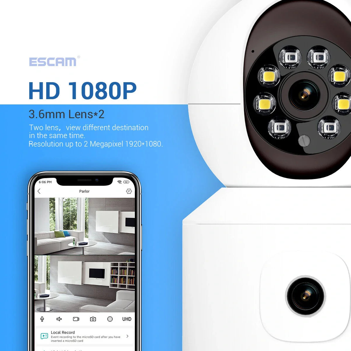 ESCAM QF010 Dual-Linsen 2MP WiFi IP-Kamera mit Schwenk-/Neigefunktion, Bewegungserkennung, Cloud-Speicher, Zwei-Wege-Audio, Nachtsicht, Wasserdicht