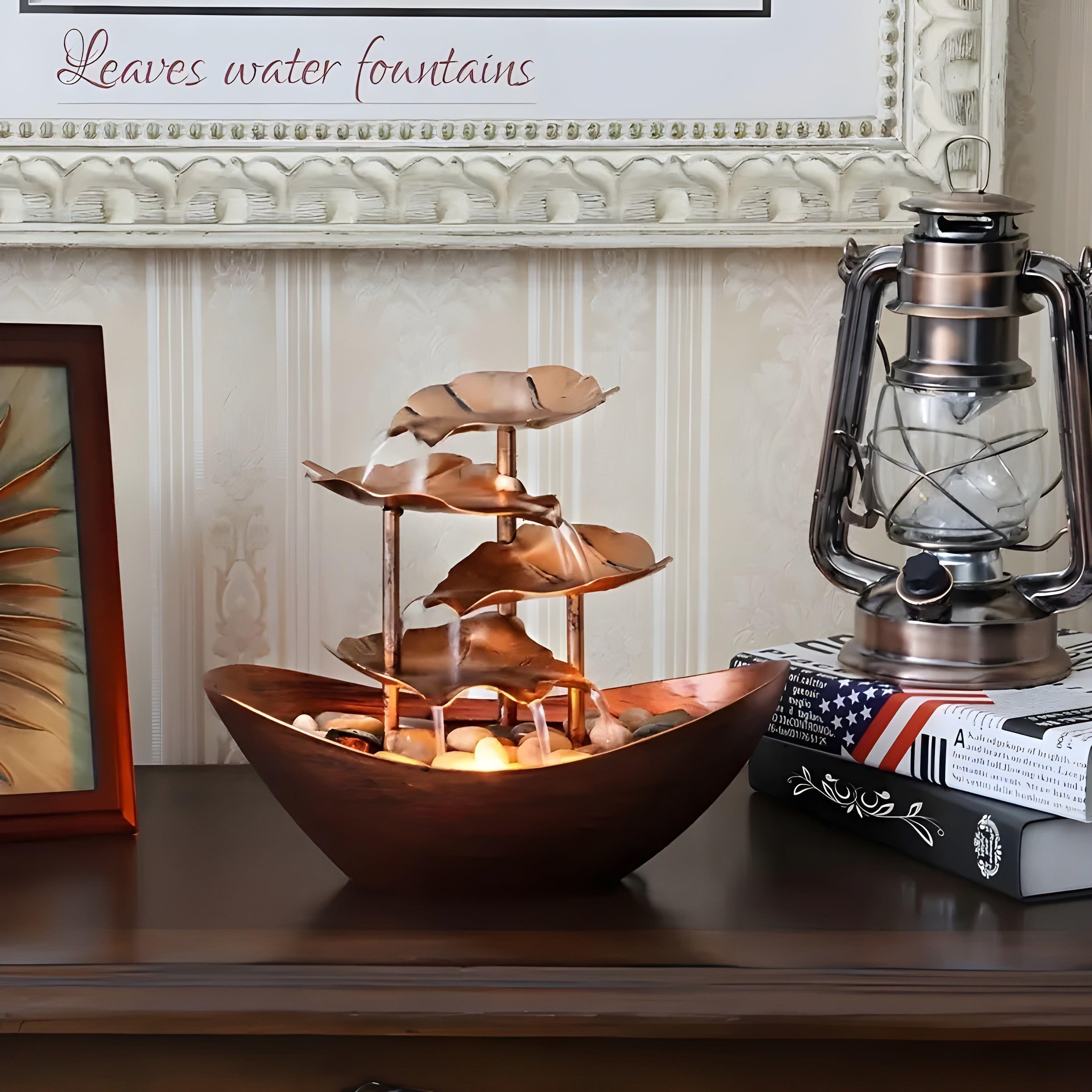 IronLeaf Brunnen – Vintage Iron Leaf Tischbrunnen mit LED-Licht für Wohn- & Bürodeko