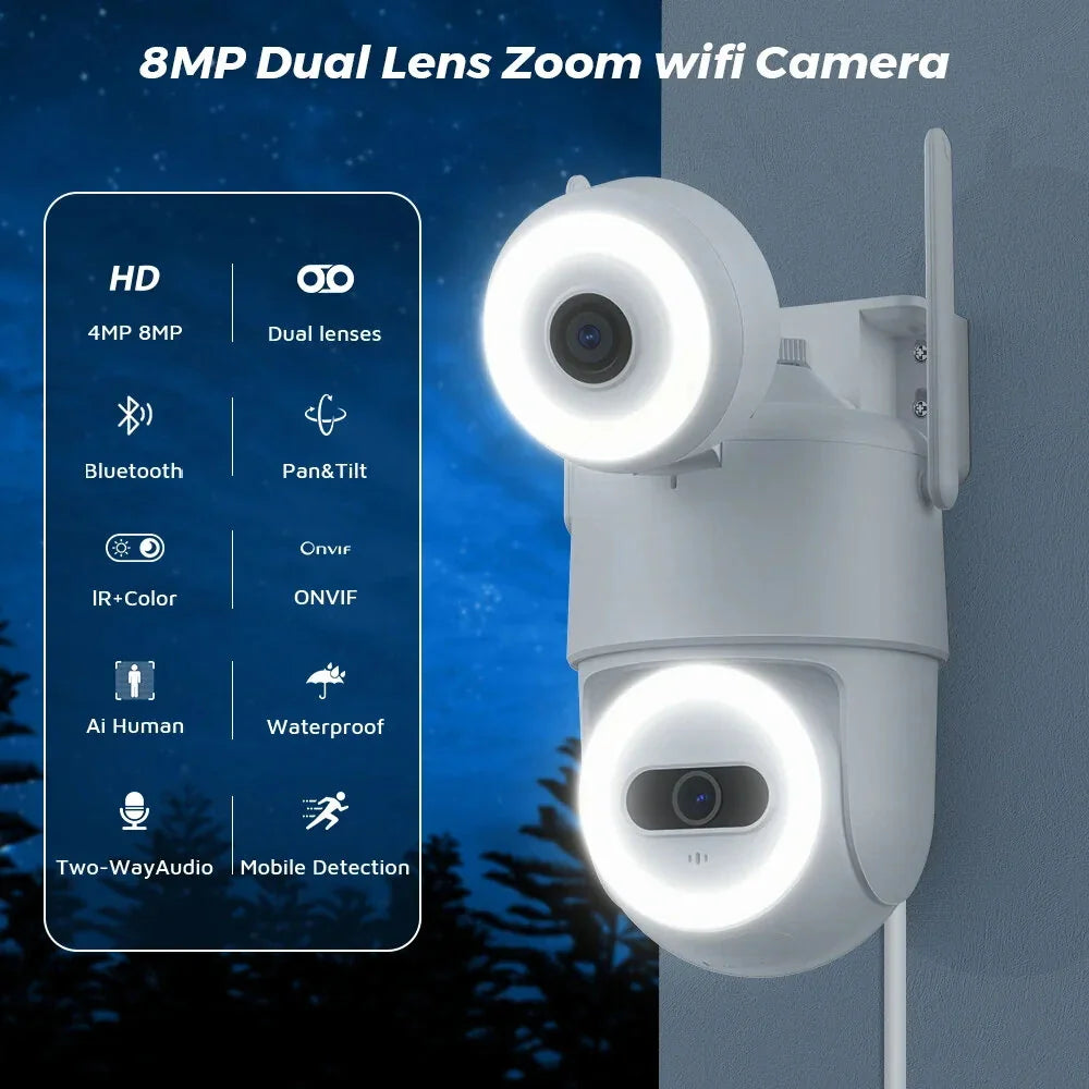 Guudgo 4K WiFi PTZ Outdoor Kamera, Dual-Screen, Menschenerkennung, Nachtsicht, Zwei-Wege-Audio, IP66 Wasserdicht, Bluetooth/ Kabelgebundene CCTV