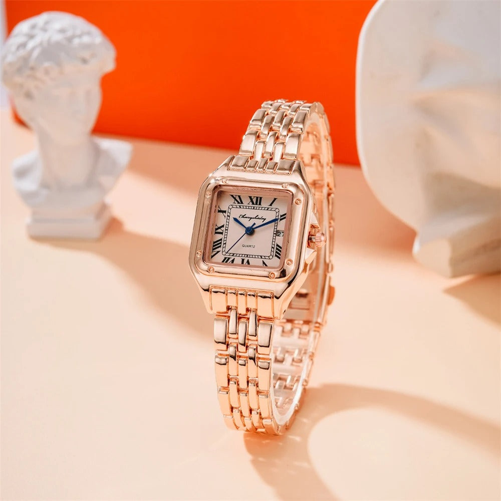 Luxus Legierung Damen Uhr - Gold oder Silber Gehäuse & Armband Elegantes Römisches Design