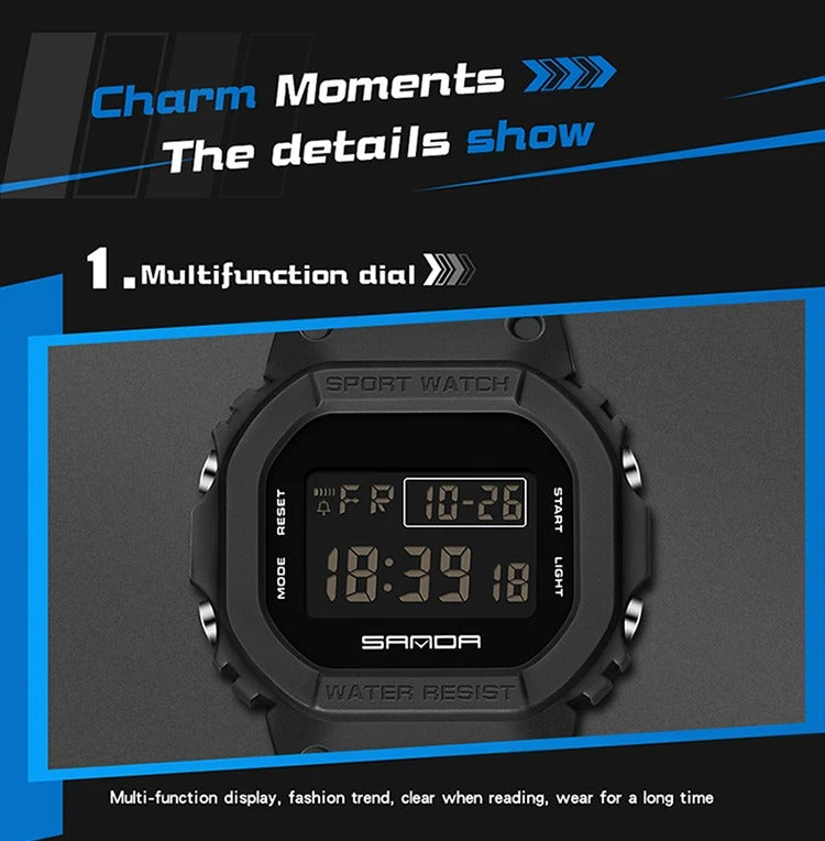 Taktische Schwarz-auf-Schwarz Sportuhr - Robustes digitales Design mit wasserdichter nicht-analoger Uhr