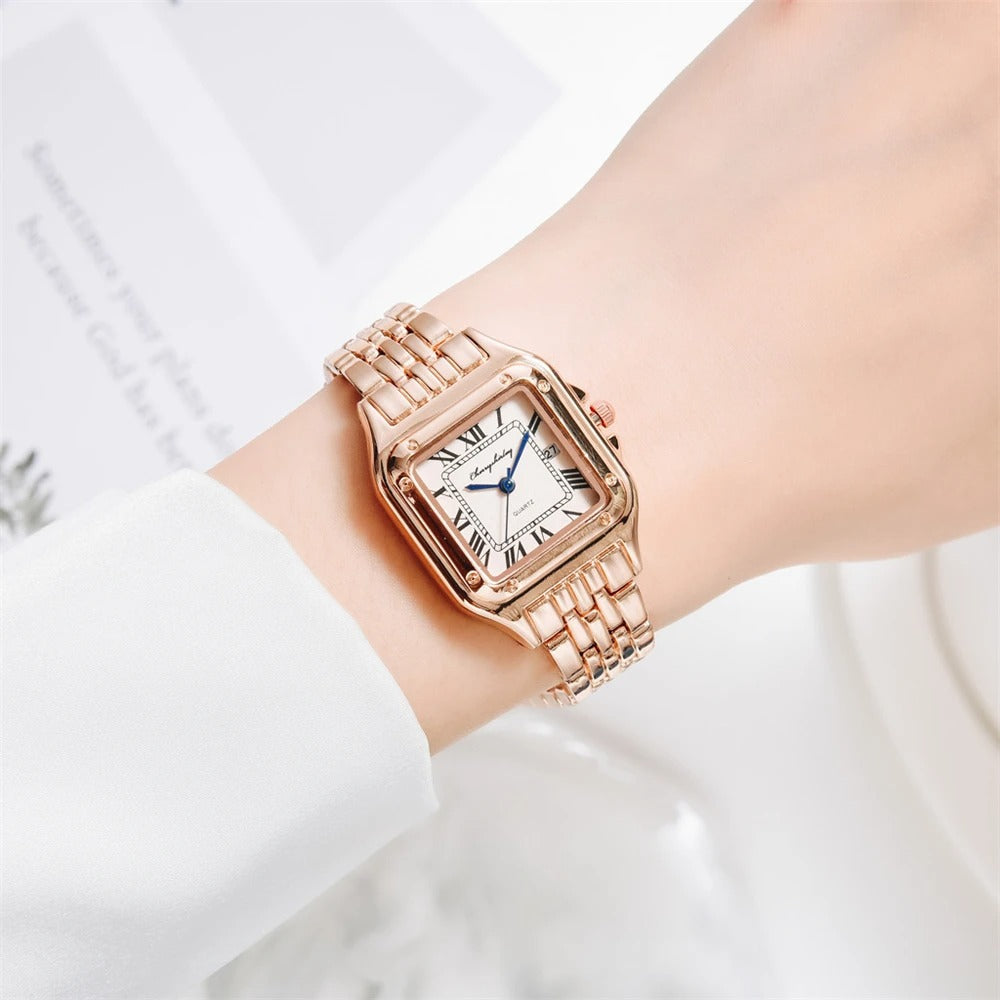 Luxus Legierung Damen Uhr - Gold oder Silber Gehäuse & Armband Elegantes Römisches Design