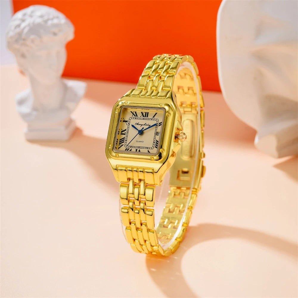 Luxus Legierung Damen Uhr - Gold oder Silber Gehäuse & Armband Elegantes Römisches Design