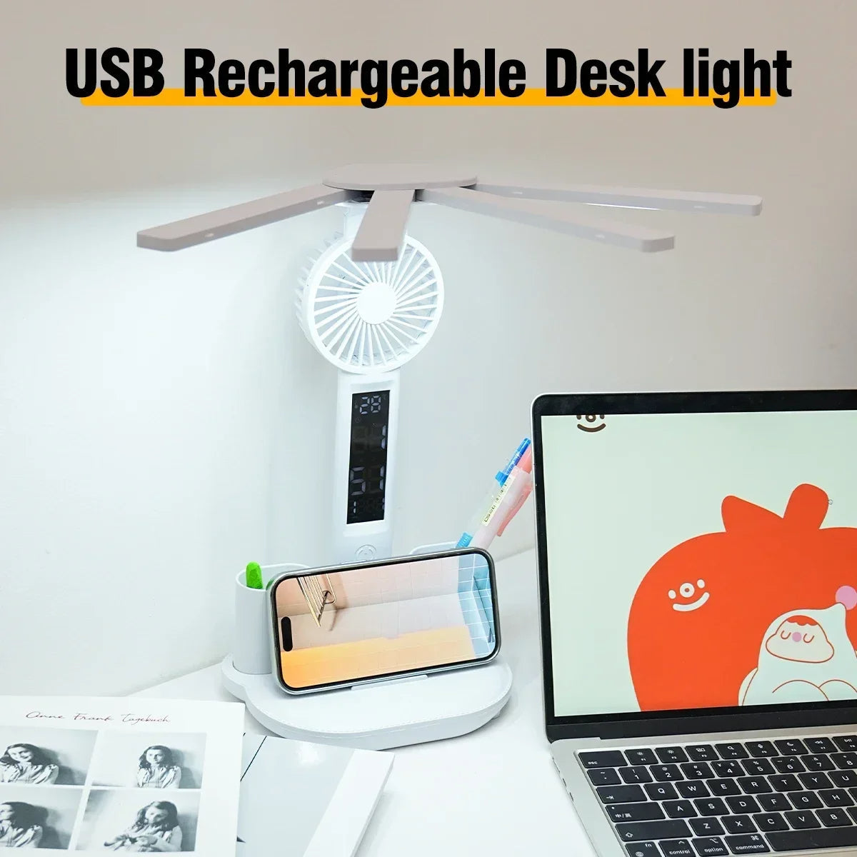 Multifunktionale LED Tischlampe mit Uhranzeige, Handyhalter & 3 Lichtfarben – Klappbares Design