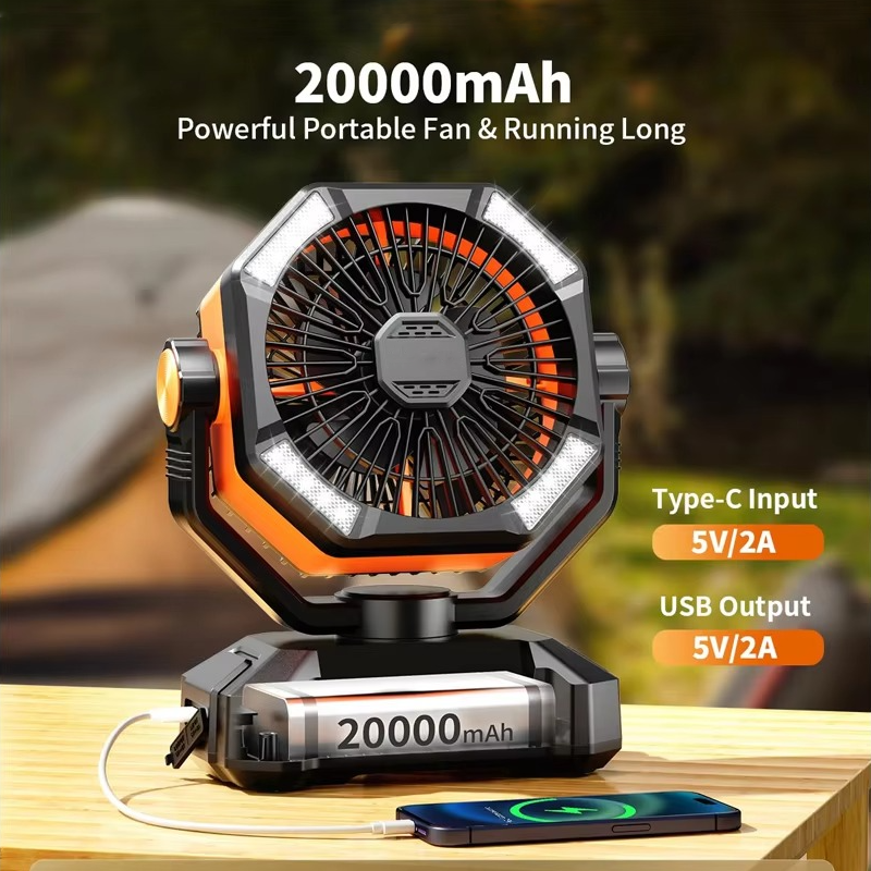 Tragbarer Camping-Kühlventilator mit Dual-Motor, 20000mAh Akku & LED-Beleuchtung