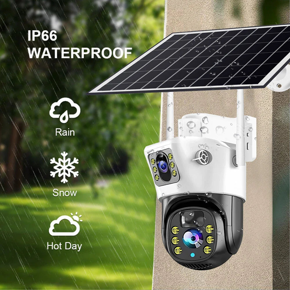 V380 Dual-Lens 4MP Solar Wireless-IP-Kamera Außen, 360° Ansicht, IP66 wasserdicht, Zwei-Wege-Audio, PIR-Bewegungserkennung, 400MP insgesamt, WiFi-Sicherheit