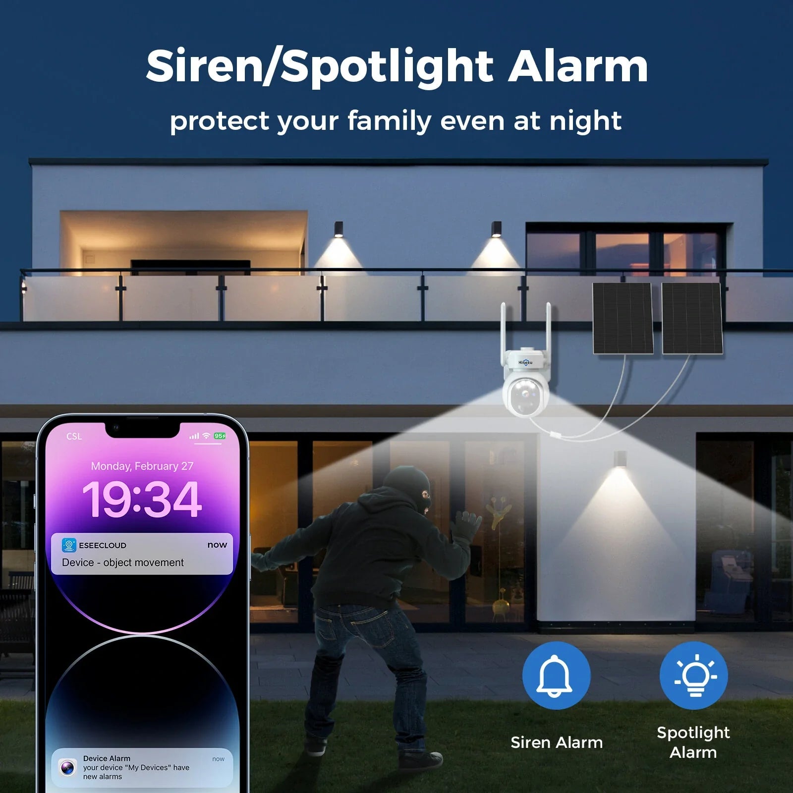 Hiseeu 4MP PTZ Solar-betriebene Wireless-Sicherheitskamera, Nachtsicht, PIR-Humanoiderkennung, IP66 wasserdicht, WiFi-Smart-Home-System