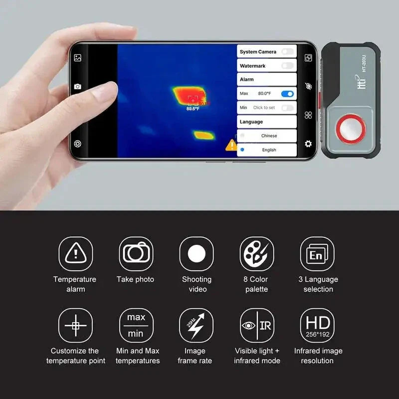Hti HT-203U Handheld-Infrarot-Thermalkamera, 256x192 Auflösung, -20℃ bis 550℃ Bereich, 25Hz, Android Typ-C, hohe Genauigkeit