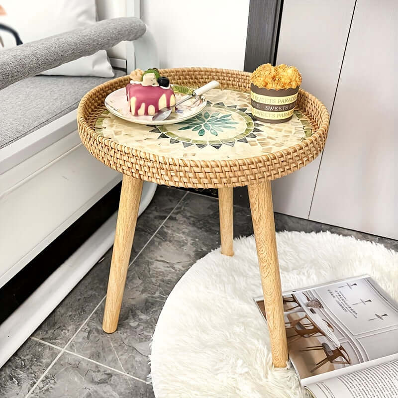 Rattan Beistelltisch Rund - Naturholz