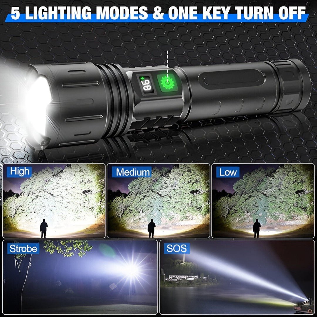 100.000 Lumen Wiederaufladbare LED Taschenlampe | Wasserdicht, Stoßfest & Ideal zum Wandern, für Notfälle & Stromausfälle