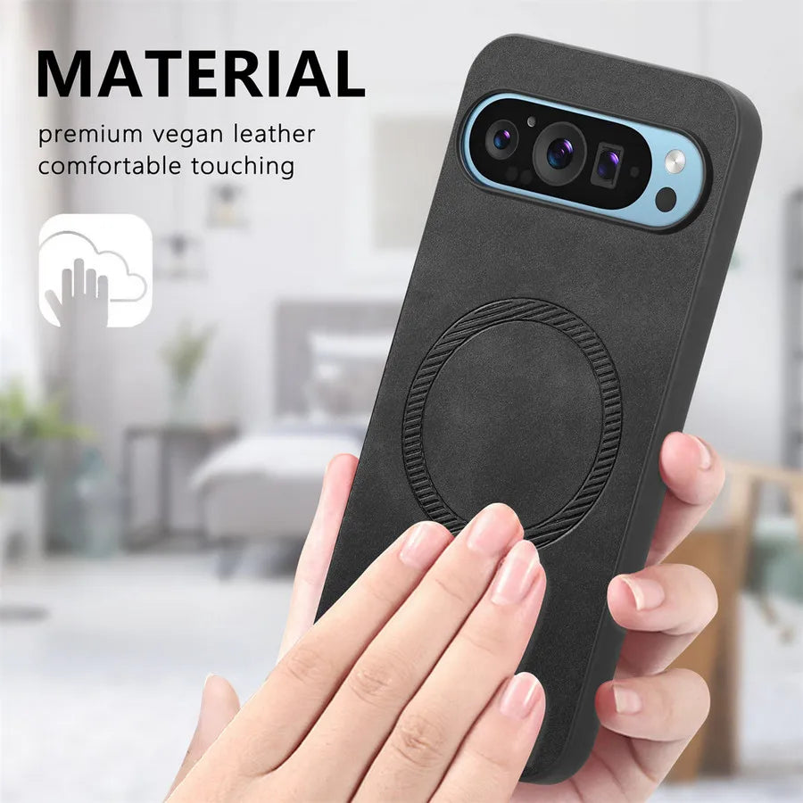 LuxGuard Pixel 9, 8, 7, Leder MagSafe Hülle mit Objektivschutz und Anti-Sturz-Design