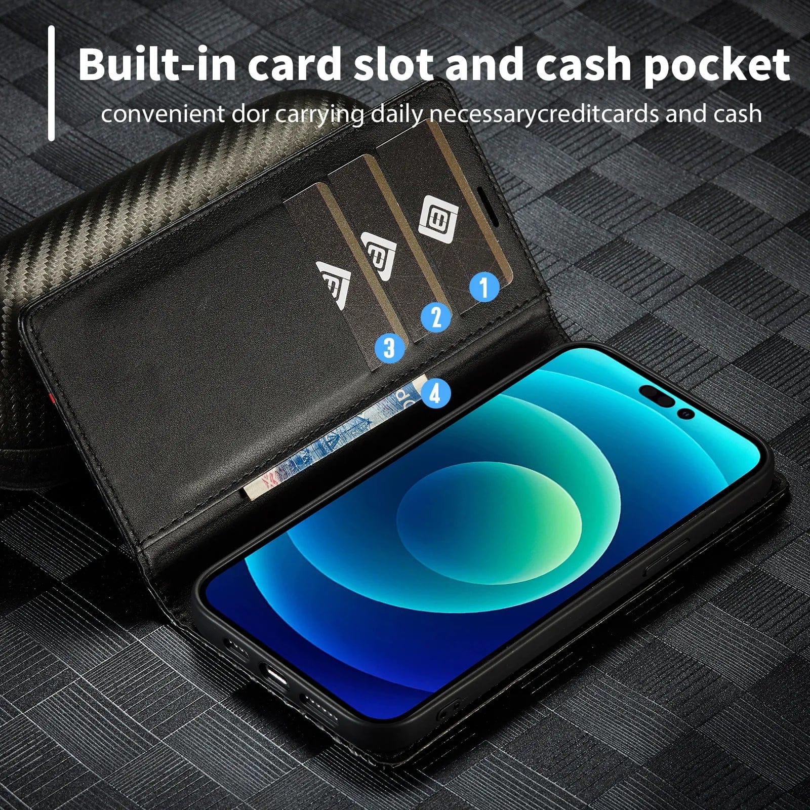 Magnetische Flip-Cover iPhone 16 Carbonfaser Brieftasche Hülle