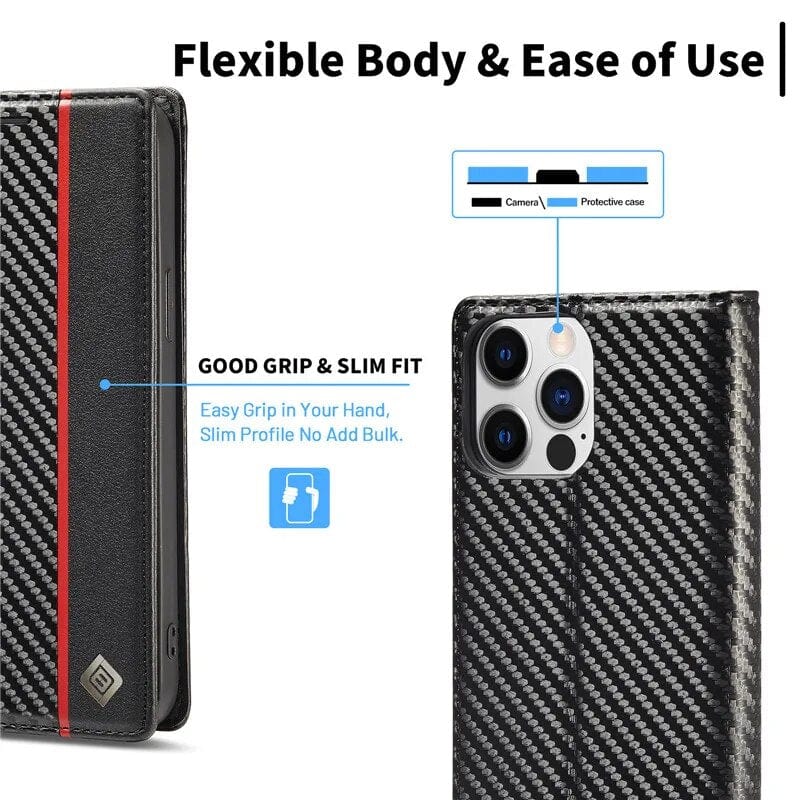 Magnetische Flip-Cover iPhone 16 Carbonfaser Brieftasche Hülle