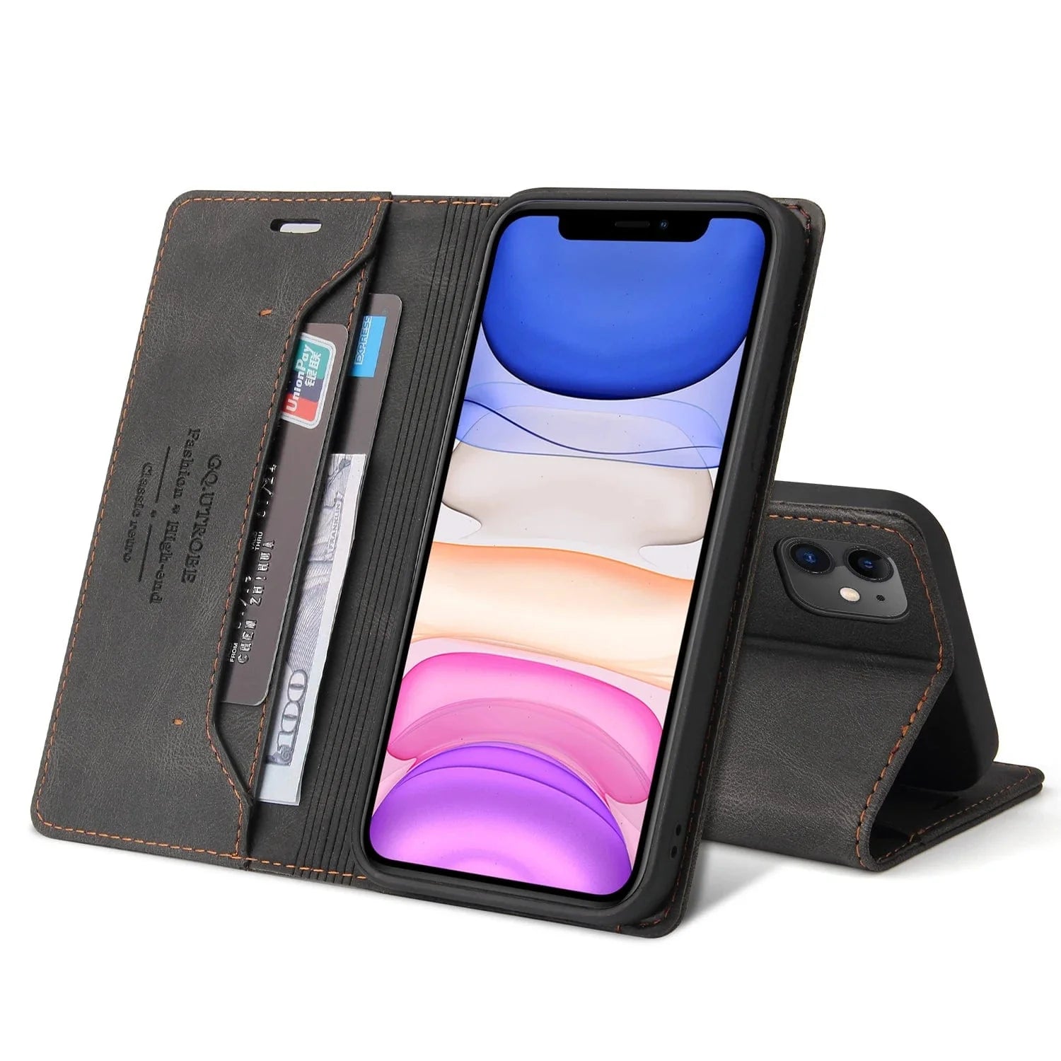 RFID Blockierende Magnetische iPhone Leder Flip Cover Geldbörse Hülle