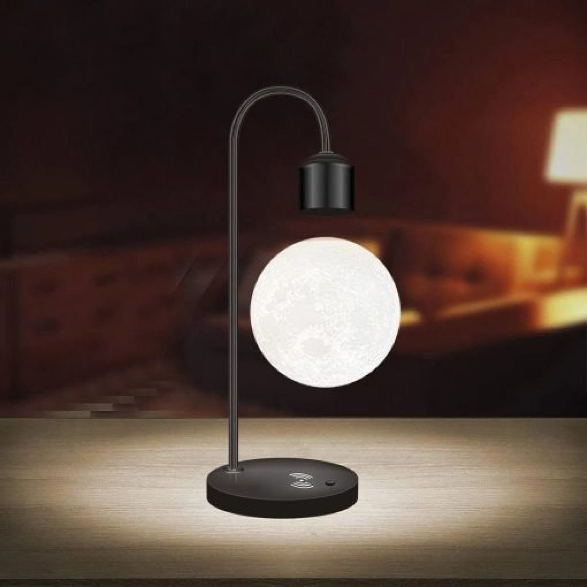 Schwebende LED Lampe mit kabellosem Handy-Ladegerät – Moderne Design Tischlampe aus Aluminium und Holz