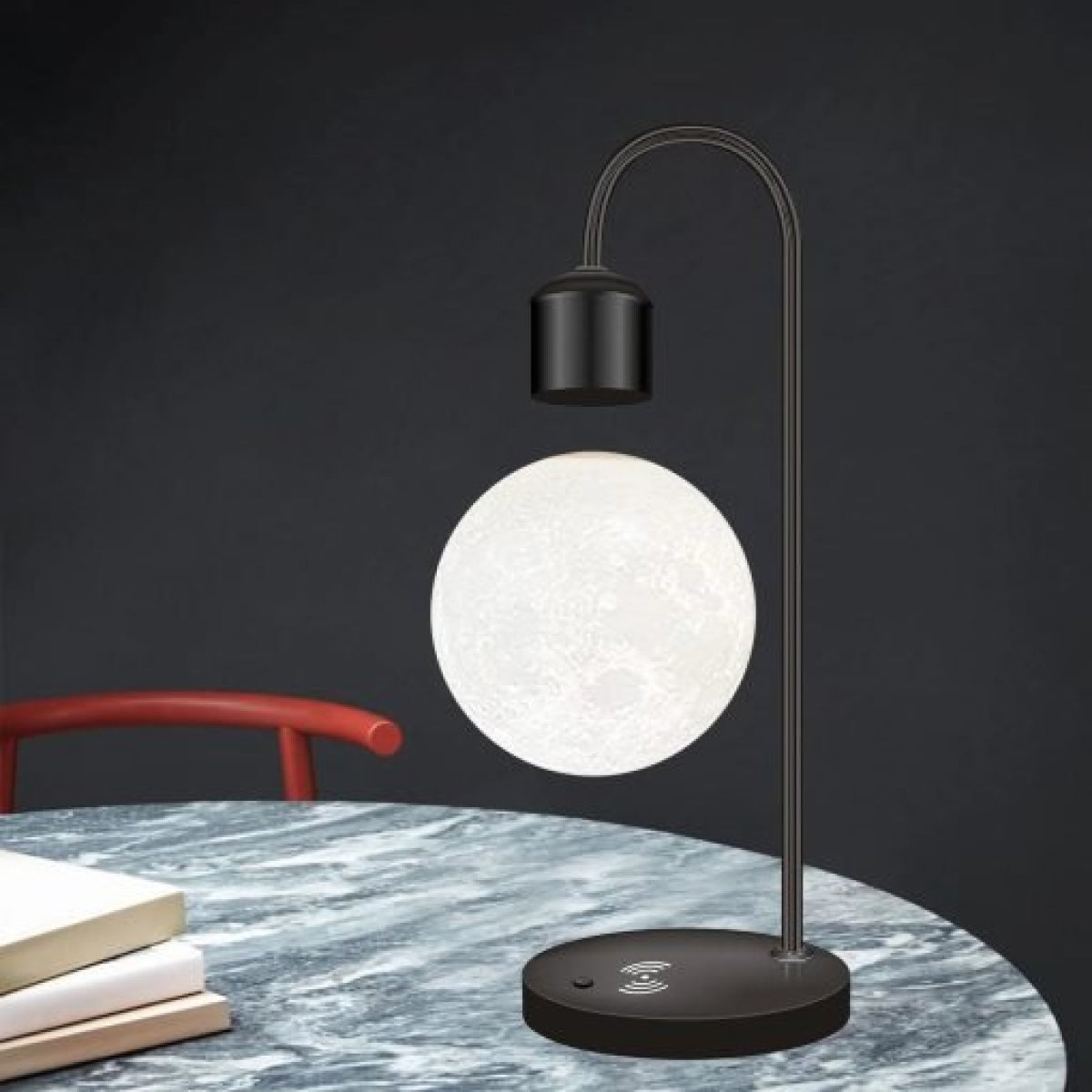 Schwebende LED Lampe mit kabellosem Handy-Ladegerät – Moderne Design Tischlampe aus Aluminium und Holz